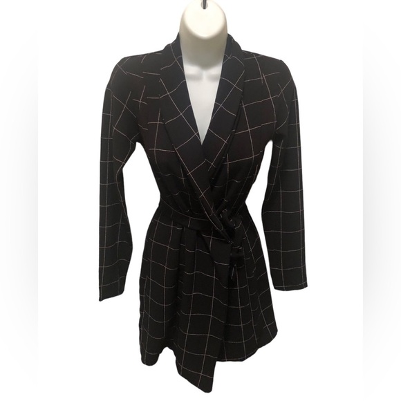 PrettyLittleThing Blazer Dress Sz. 2 Black Window Pane Check LS Tied Waist - Picture 1 of 8